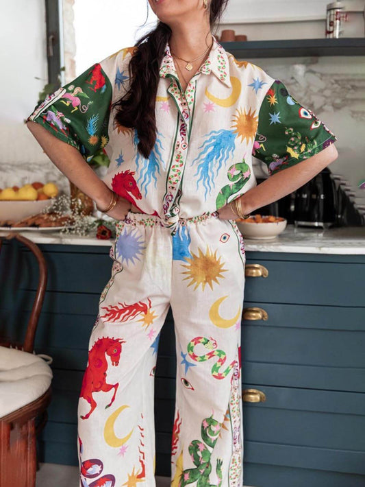 Loose Fit Print Shirt with Elastic Waist Pants