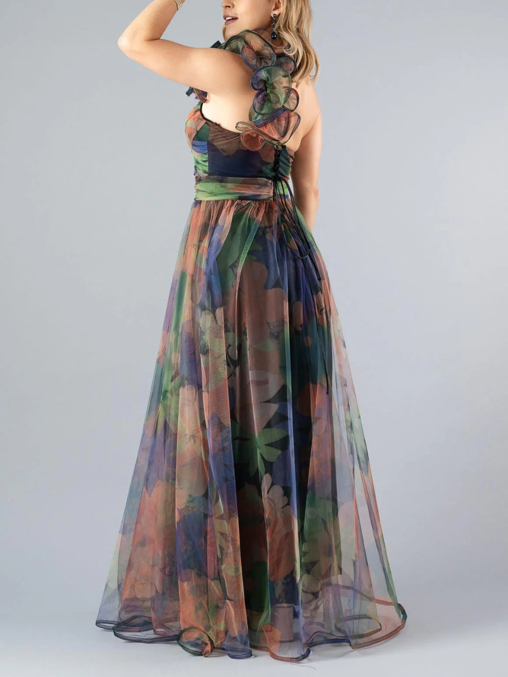 Sleeveless One-Shoulder Deep V Backless Evening Gown