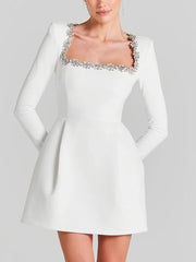 Elegant Square Neck Rhinestone Velvet Mini Dress