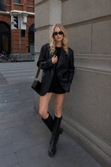 Lapel Pockets Leather Blazer