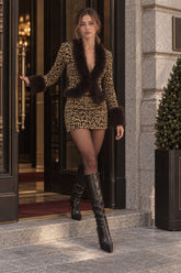 Leopard Print Shiny Fur Collar Patchwork Two Piece Set