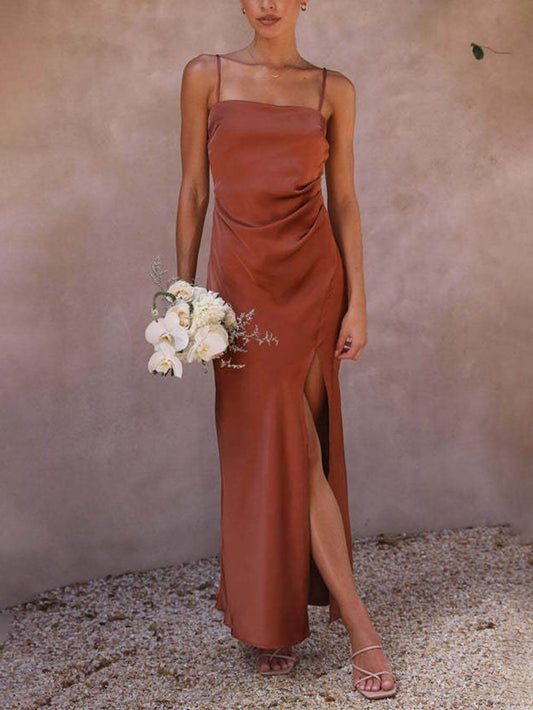 Fashionable Slit Suspender Midi Dress