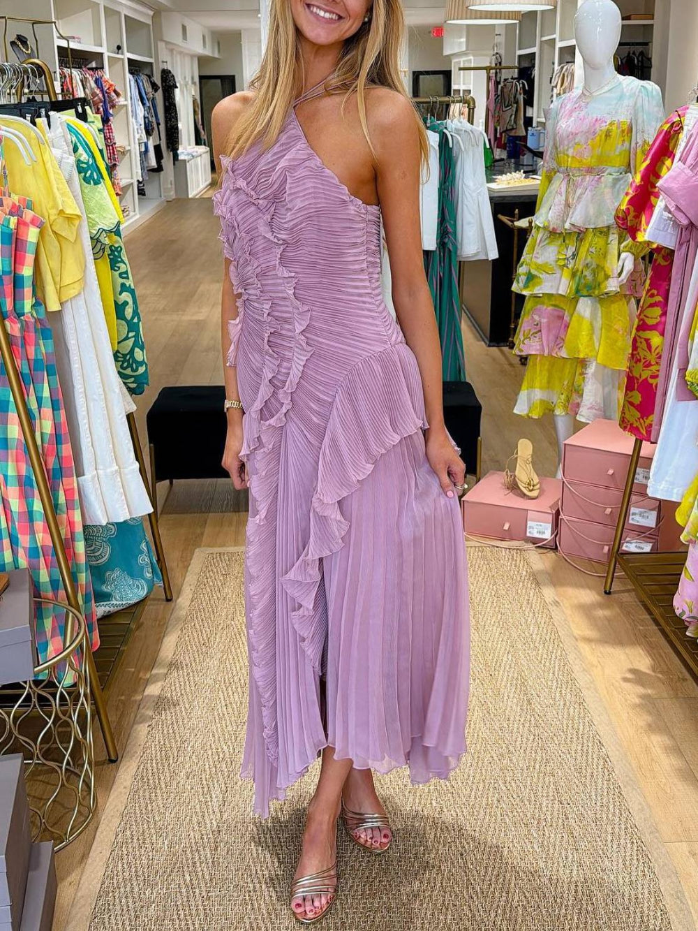 Ruffled Ruched Slimming Midi Dress