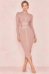 JuliaFashion - 2024 Rayon High Quality Turtleneck Lace Up Bandage Dress