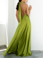 Summer Satin Halter Swing Gown Dress