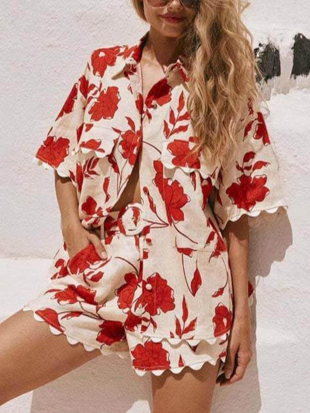 Casual Lace Print Shorts Set