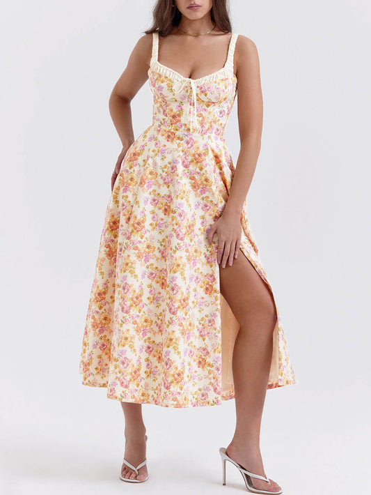 Suspender Patchwork Printed Lace-Up Dress