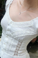 Vintage Lace V Neck Button Puff Sleeve Tank Top