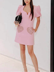 Elegant Sweet Puff Sleeve Sequin Evening Dress