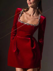 Elegant Square Neck Rhinestone Velvet Mini Dress