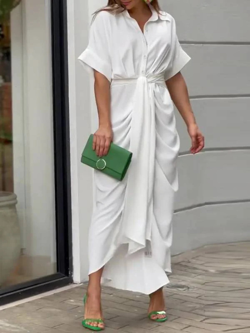 Pleated Belted Short Sleeve Dress