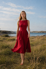Fashion Solid Sleeveless Waisted Slim Midi Dress