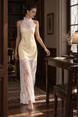 Chic Lace Trim Satin Halter Neck Slim Maxi Dress