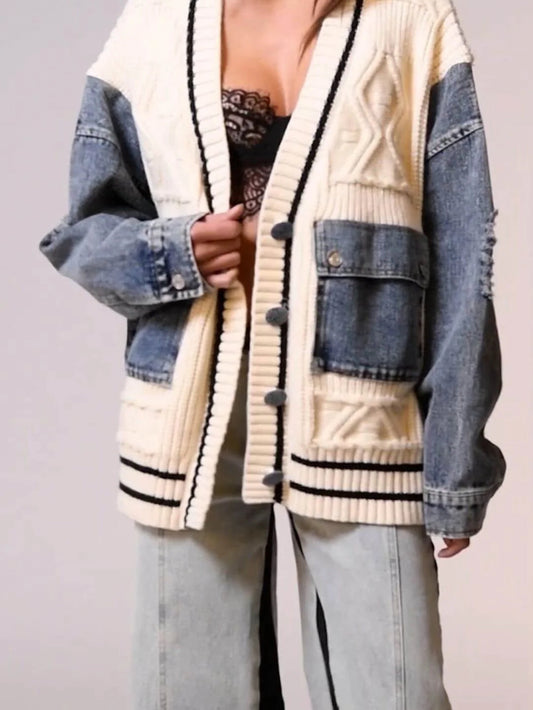 Denim Patchwork Cable Knit Coat