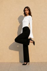 Solid Mock Neck Paneled Ruffled Long Sleeve Tee