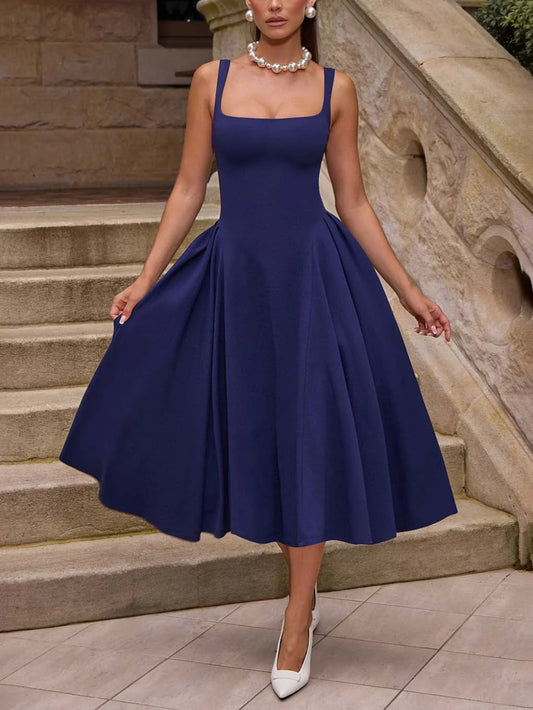 Retro Square Neck Slim Elegant Midi Dress