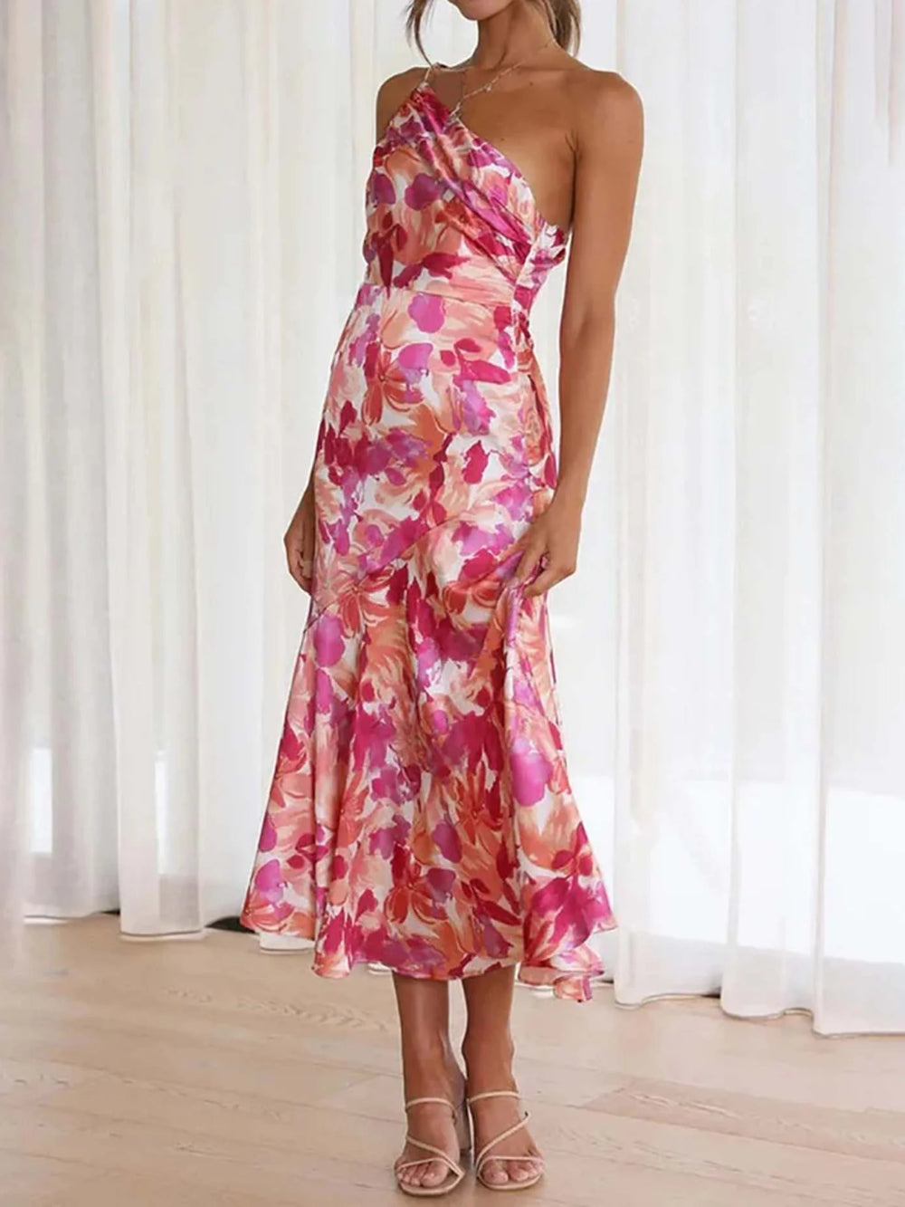 Pink Floral One-Shoulder Ruched Satin Dress