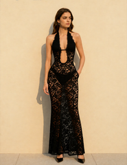 Lace Halter Neck Backless Solid Maxi Dress