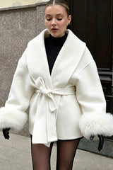 Fur Cuff Belted Wrap Coat