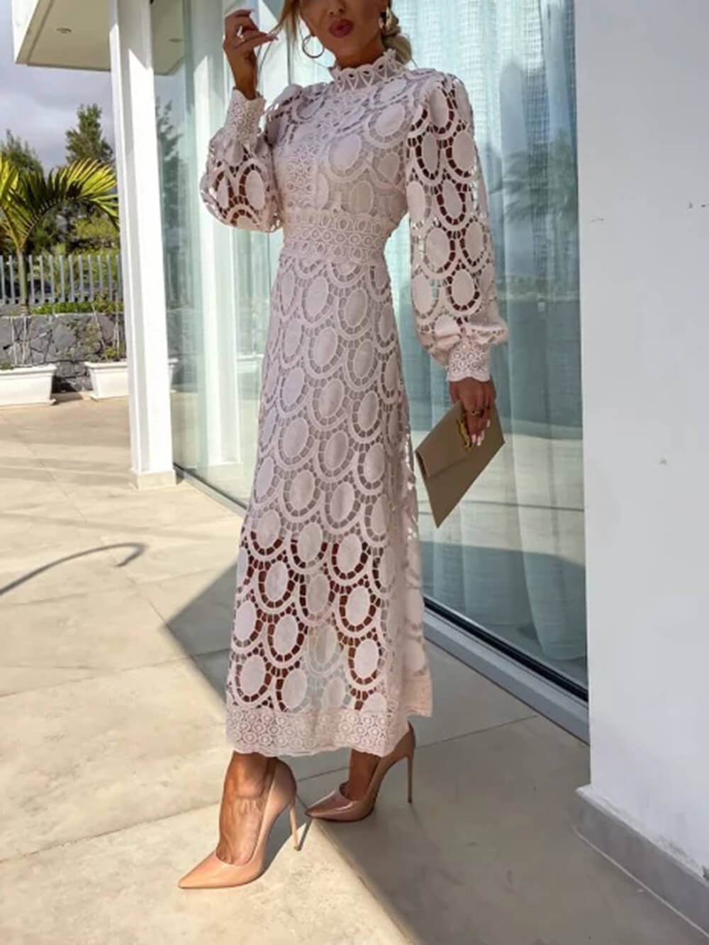 Lace Stand Collar Puff Sleeve Dress