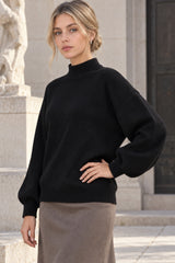 Shoulder Arm Turtleneck Knit Bubble Sweater Drop in Black