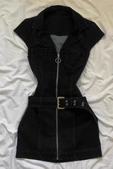 Belted Denim Zip Front Mini Dress
