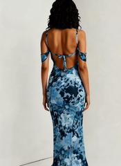 Tie Strapless Ruffled Print Sexy Bodycon Maxi Dress