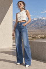 Washed Beaded High Waist Straight Leg Jeans