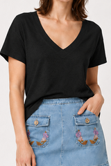 Minimalist Solid Deep V Neck Slub Cotton Loose T-shirt