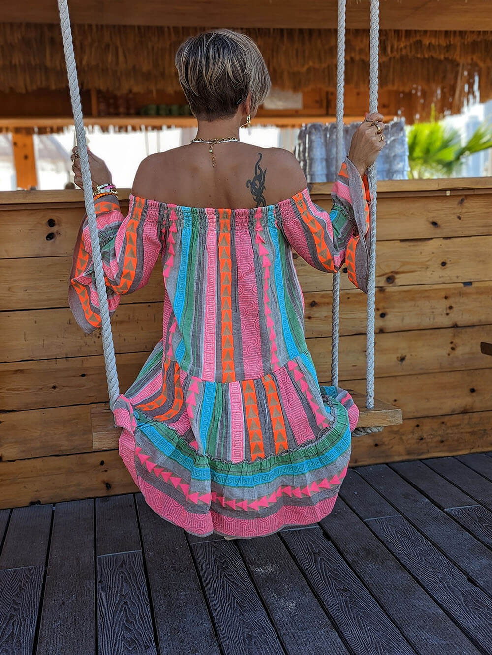 Linen Blend Vibrant Ethnic Off Shoulder Party Dress
