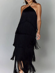 Fashion Halter Fringe Backless Slit Dress