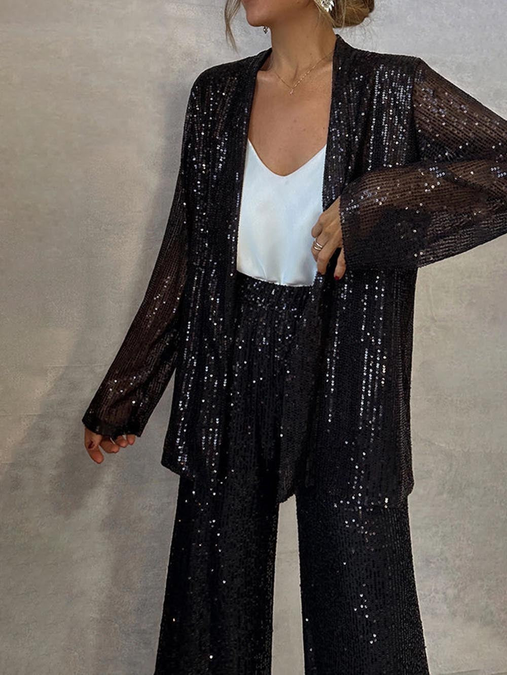 Sequined Long Sleeve Open Front Coat