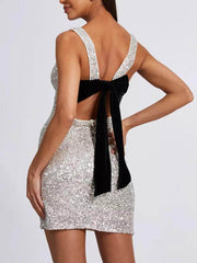 Sequin Back Velvet Bow Mini Dress