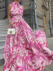 Chiffon Blue High-Waist Floral Dress