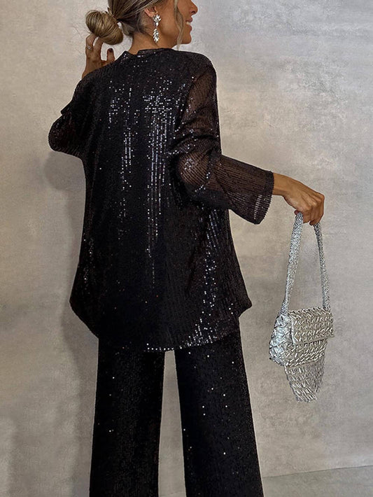 Sequined Long Sleeve Open Front Coat