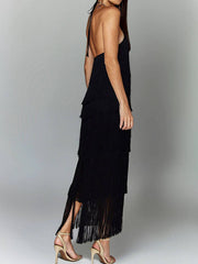 Fashion Halter Fringe Backless Slit Dress