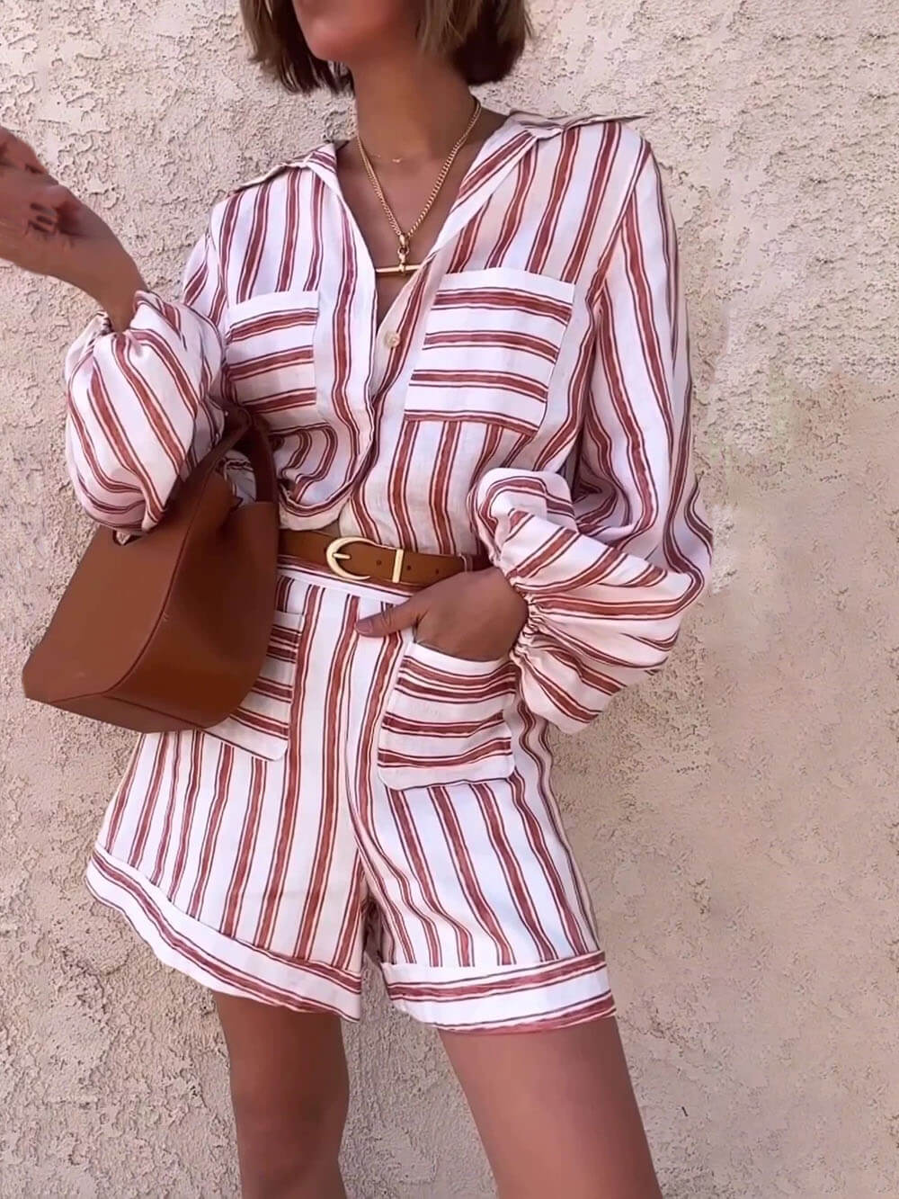 Striped Print Shirt & Shorts Set