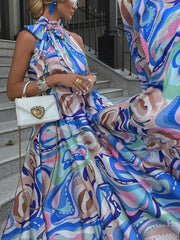 Chiffon Blue High-Waist Floral Dress