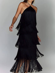 Fashion Halter Fringe Backless Slit Dress