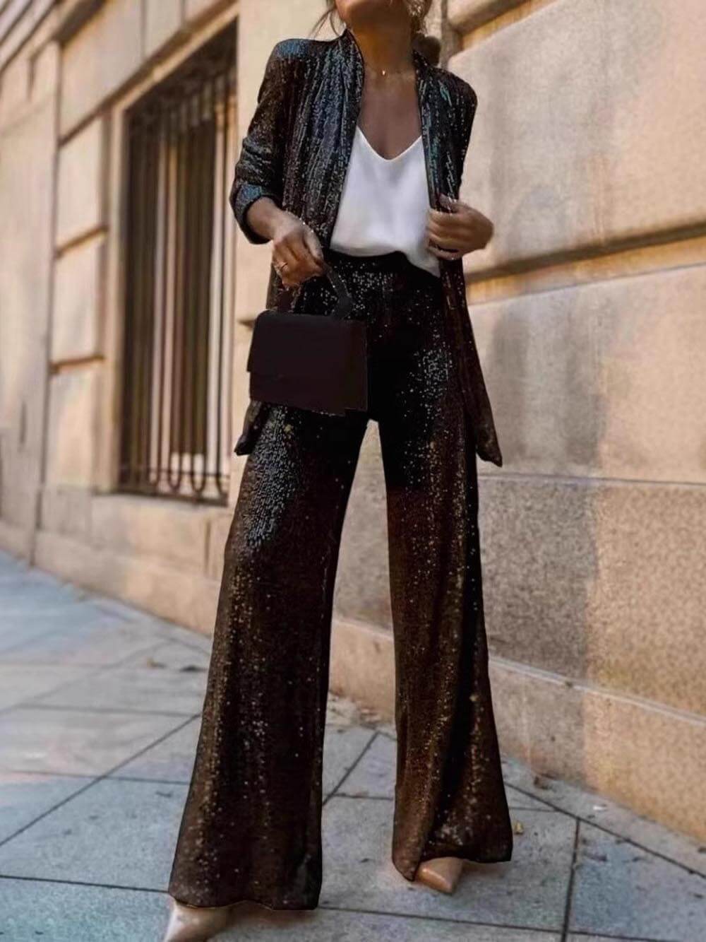 Sequined Long Sleeve Open Front Coat