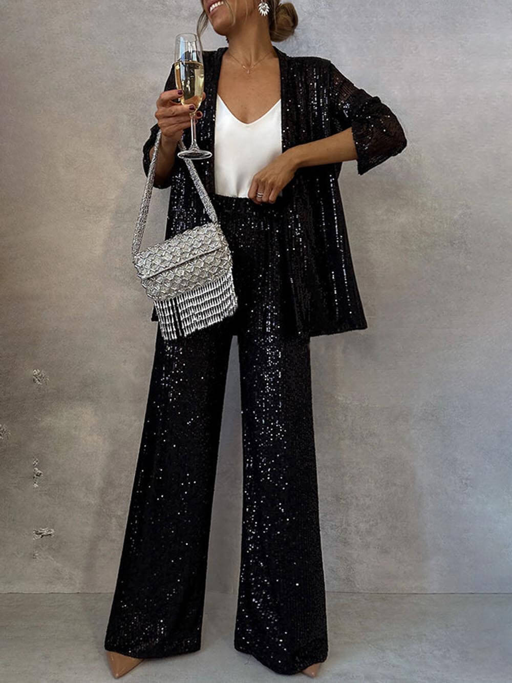 Sequined Long Sleeve Open Front Coat