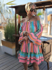 Linen Blend Vibrant Ethnic Off Shoulder Party Dress