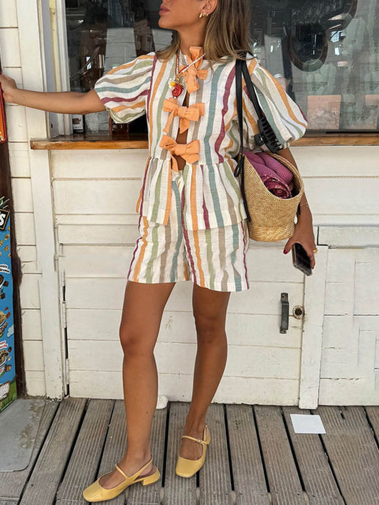 Striped Puff Sleeve Top and Shorts Set