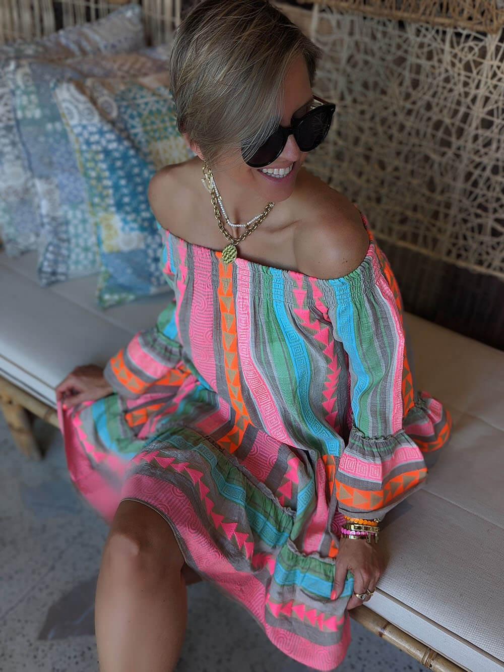 Linen Blend Vibrant Ethnic Off Shoulder Party Dress