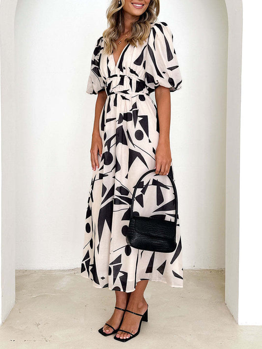 Beige Geometric Print Midi Dress