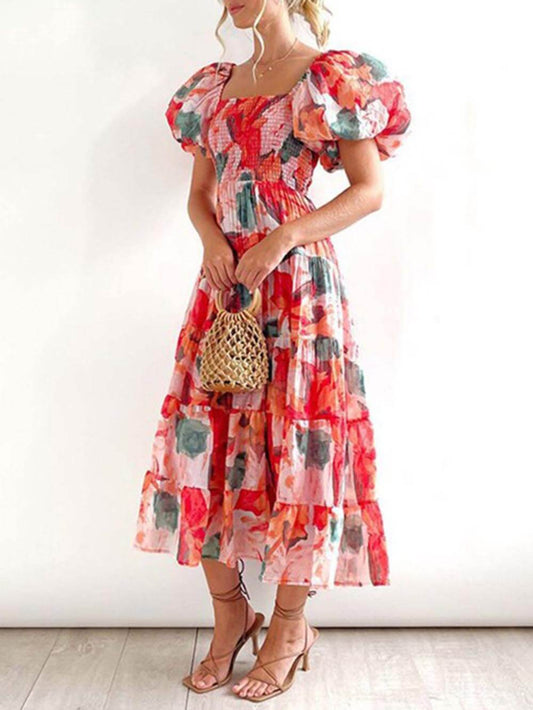 Floral Printed Smocked Tiered Fit-and-Flare Midi Dress