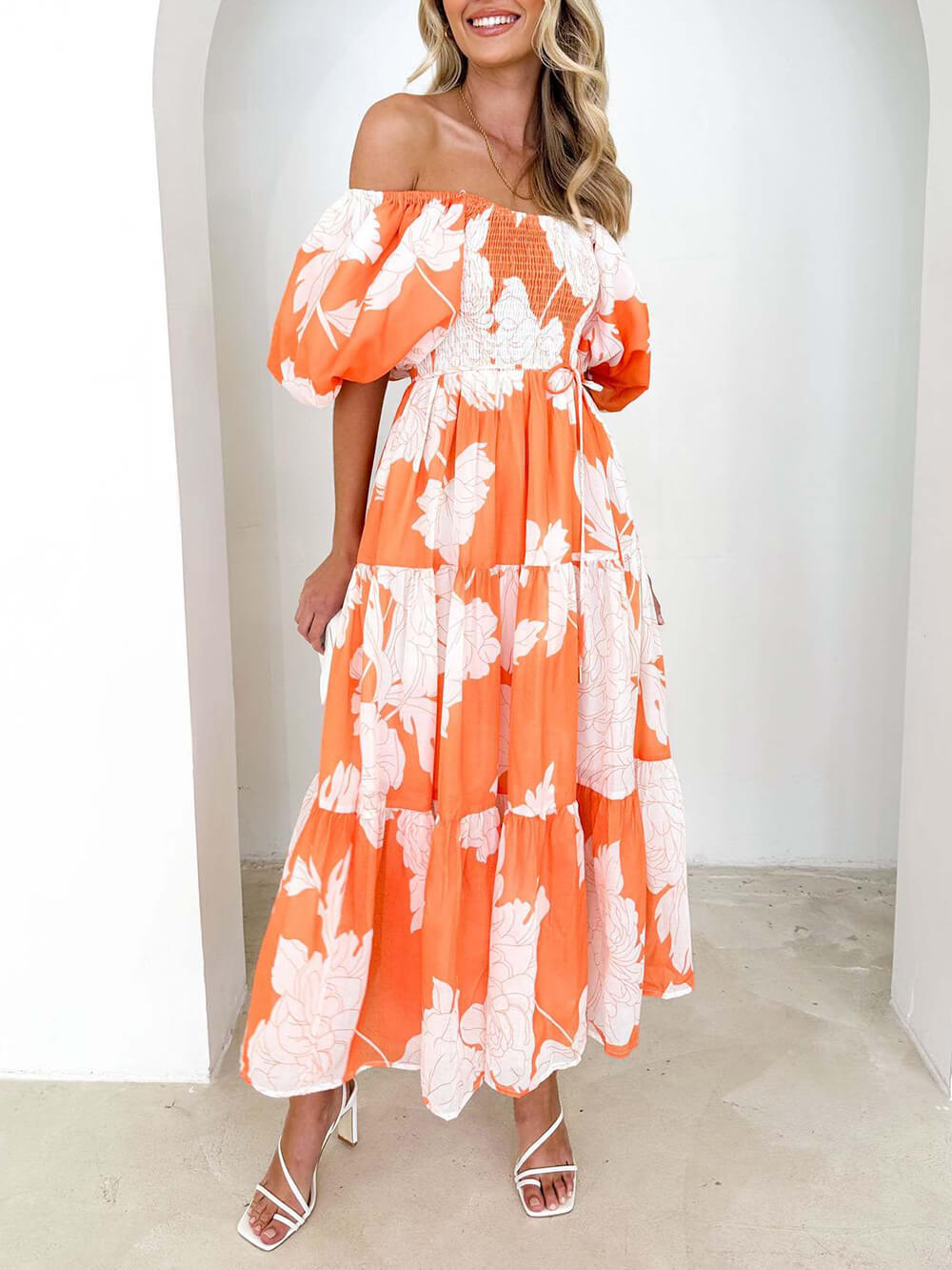 Elegant Floral Off-Shoulder Puff Sleeve Dress