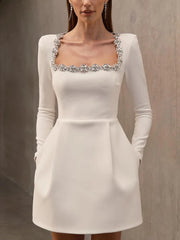 Elegant Square Neck Rhinestone Velvet Mini Dress