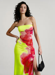 Strapless Floral Bodycon Slit Vacation Dress