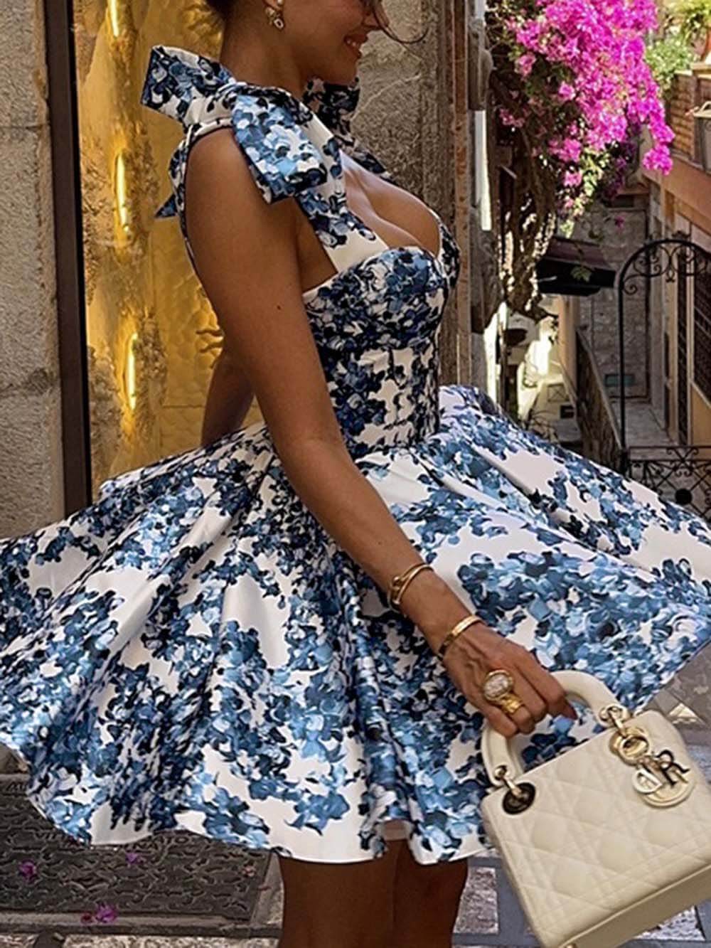 Printed Lace-Up Waist Slim Mini Dress